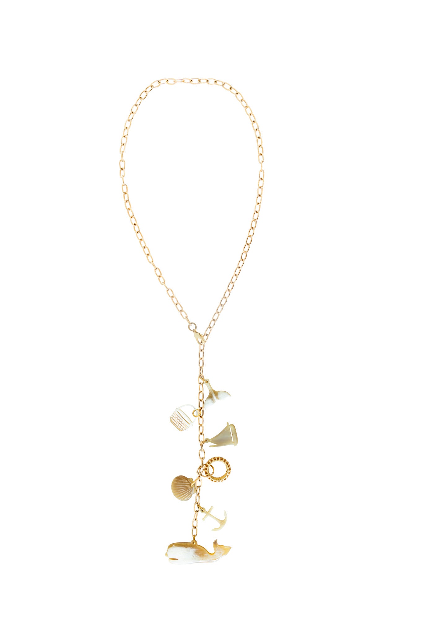 Y shaped gold necklace with nautical charms.