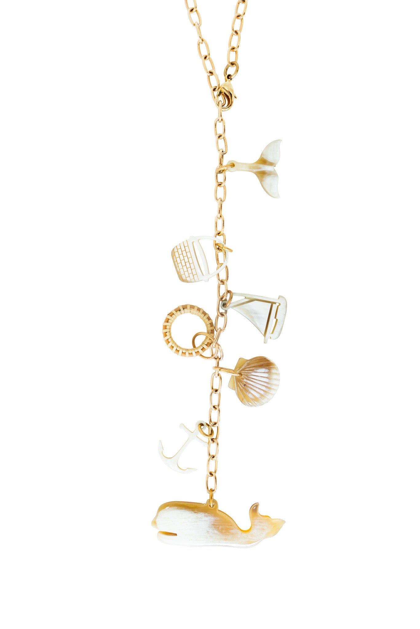 Close-up of nautical charms on necklace.