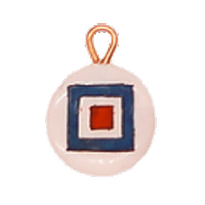 A charm with a blue flag outline with a red box within, displayed on a white background.
