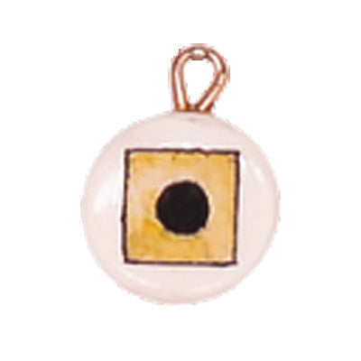 A charm with a yellow flag and a black dot in the center displayed on a white background.