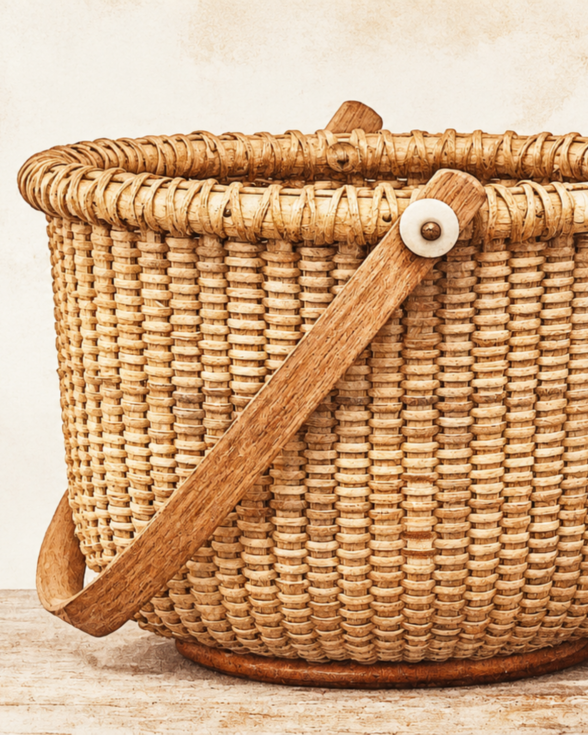Woven Nantucket basket with wooden handle on a neutral background.