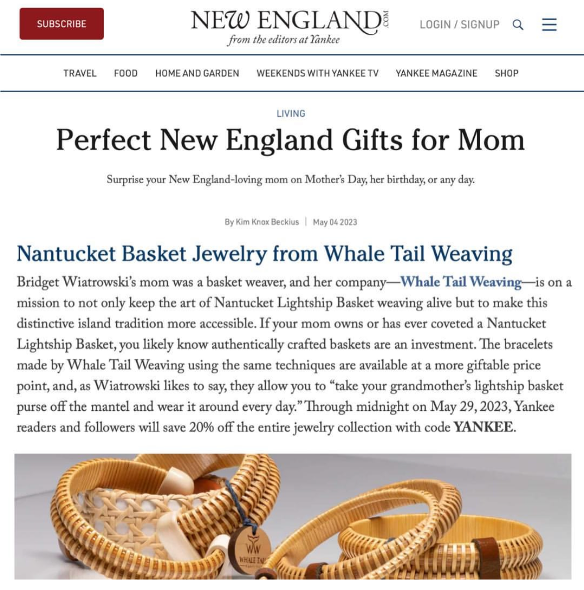 A screenshot of an online news article about the "Perfect New England Gifts for Mom"